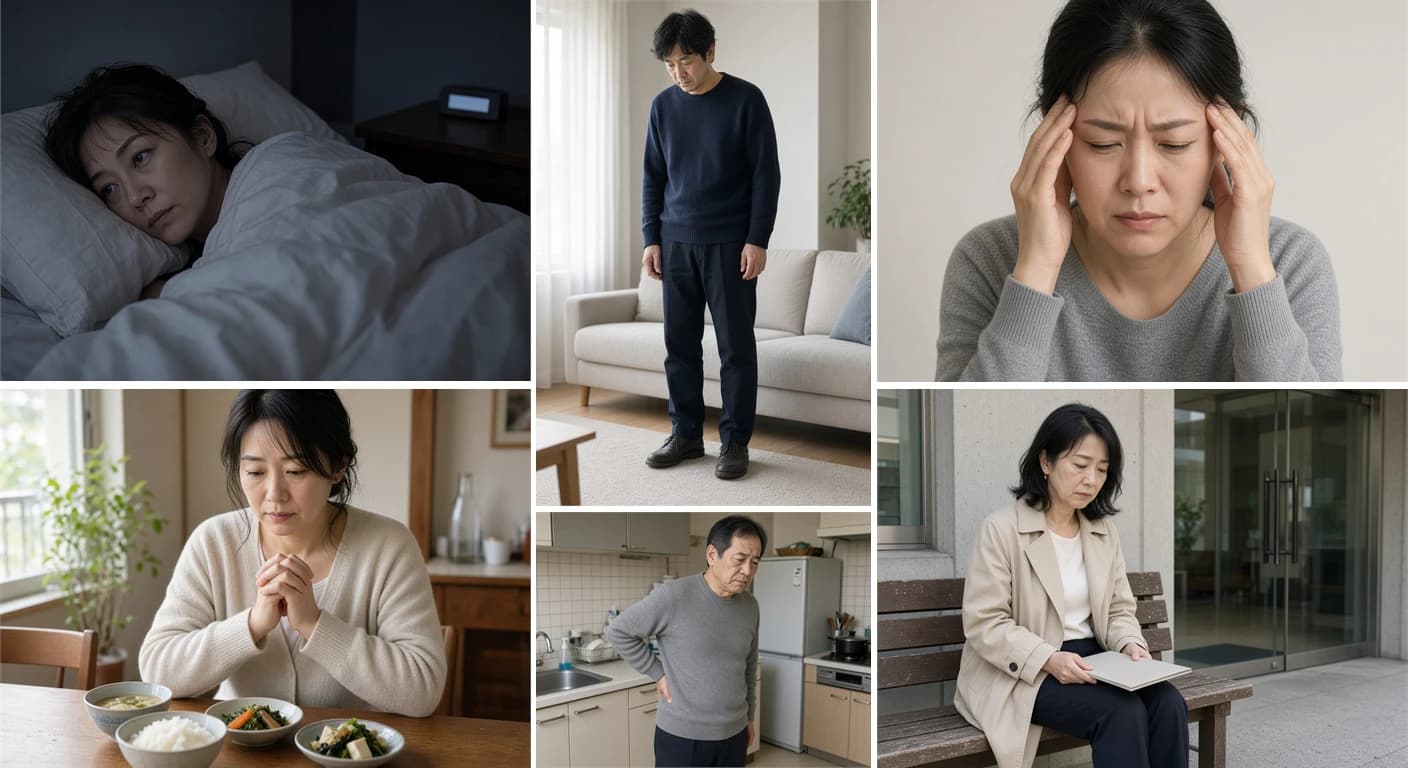 眠れない、倦怠感、頭痛、食欲不振、腰の痛み、検査で異常なしと言われた不調の様子
