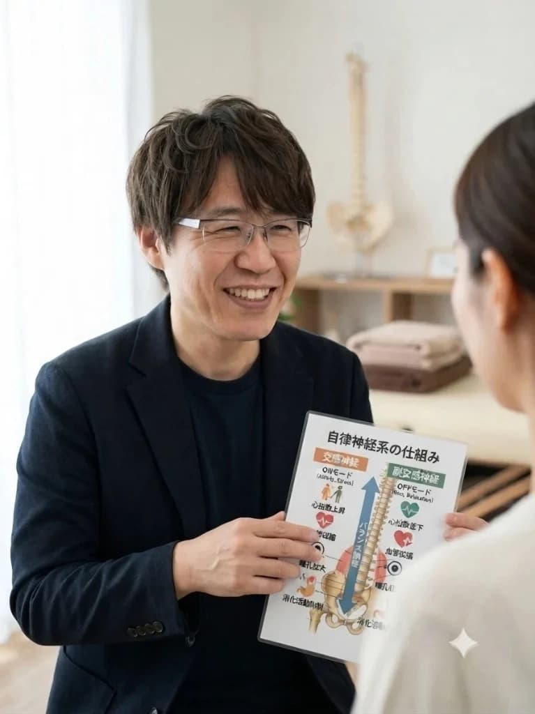 施術者が、椅子に座る方の首元に触れず手をかざしている