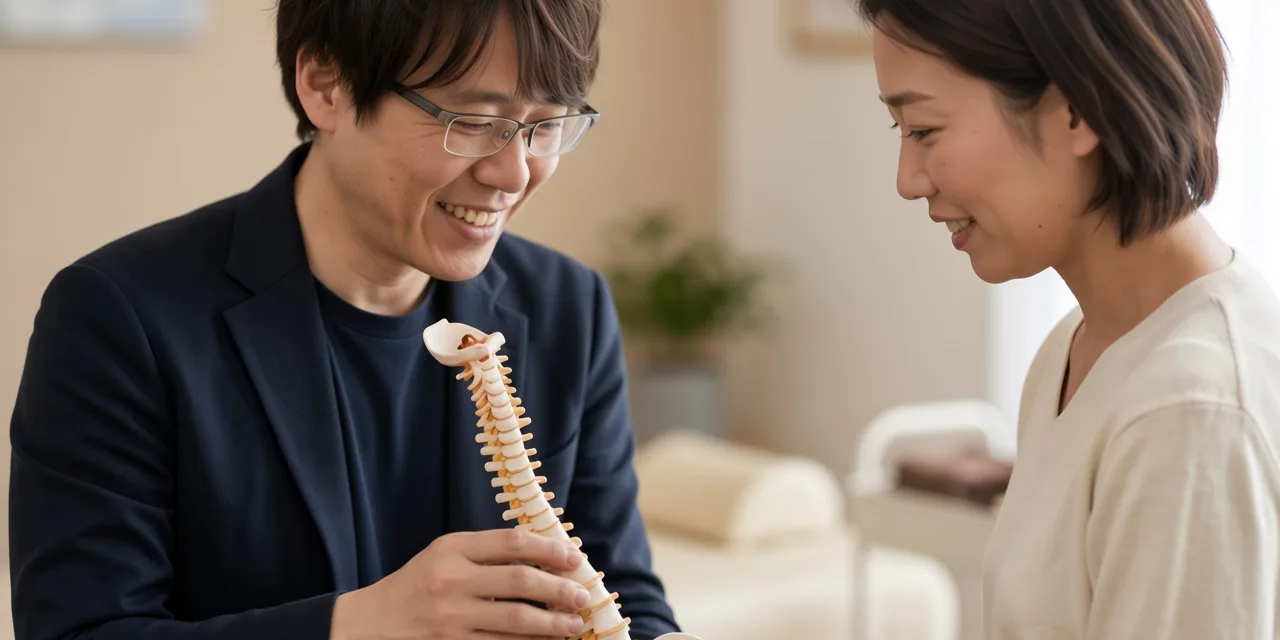 施術者が脊椎の模型を手に、女性に説明している様子