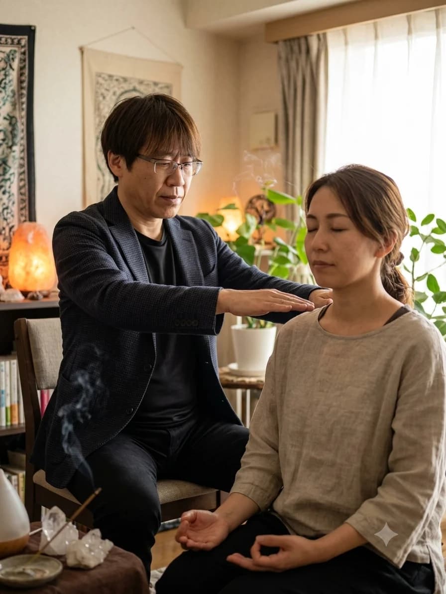 施術者が女性の肩に手を添えて施術する様子