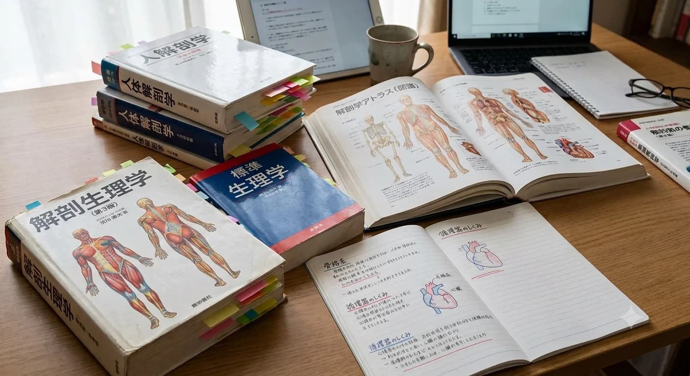 机上に並ぶ解剖学・生理学の教科書とアトラス、手書きノートとノートパソコン
